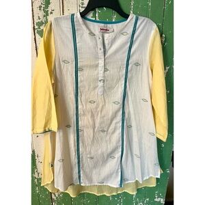 Fabindia Womens Top White Blue and Yellow Tunic Silk Blend Kurti